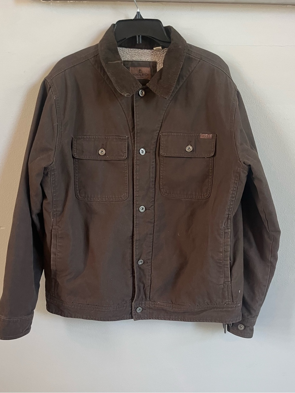 VTG Woolrich Canvas Barn Work Jacket Brown Sherpa Lined Corduroy Collar SZ L